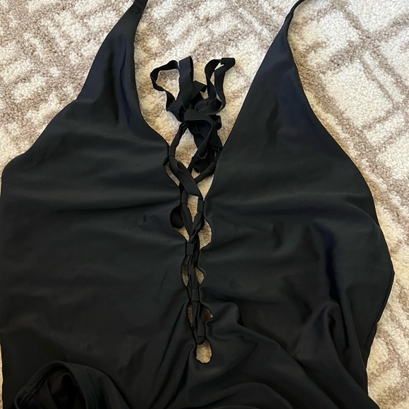 Aerie Solid Black Lace Up Front Plunge One Piece Halter Swimsuit Maillot - Picture 4 of 4